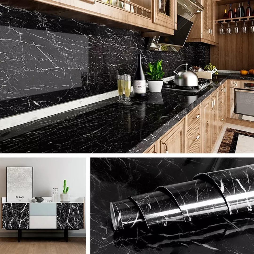 Black Marble Kitchen Sheet – White Vein Design (6.5 ft × 2 ft | 2 Meter Roll) - Avira Official Store